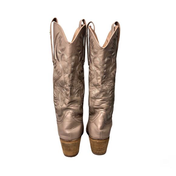 ARiderGirl Western Style Knee High Stacked Heel Boots Tan Taupe Embroidered 10 - Picture 2 of 12